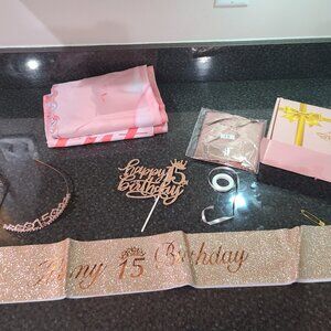 15th birthday 🎂 banner, crown, balloons, sash